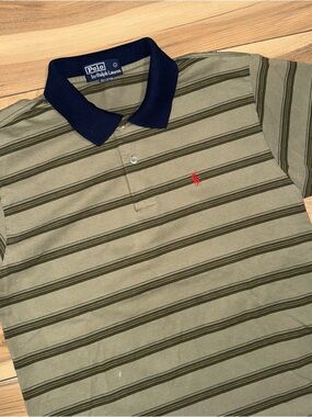 Polo Ralph Lauren Golf Shirt Mens Large Green Blue Striped Pima Cotton *lilstain